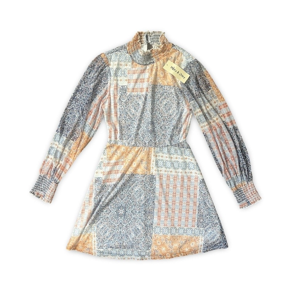 Mikey & Joey Womens Patchwork Mesh Mini Dress Blue Smocked High Neck Medium NEW